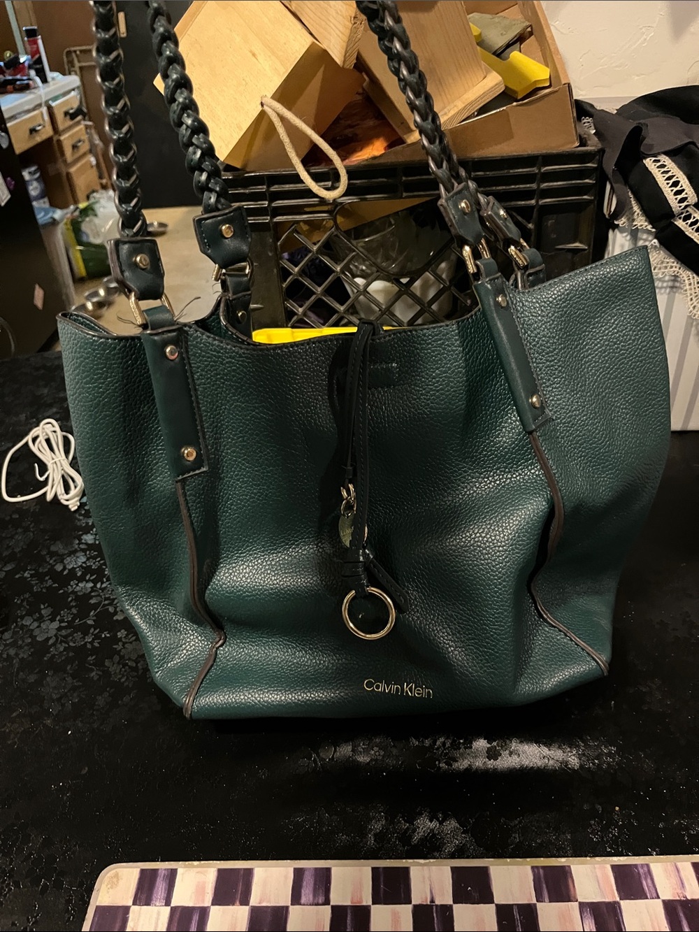 Calvin Klein Teal Green Braided-Strap Pebbled Leather Tote